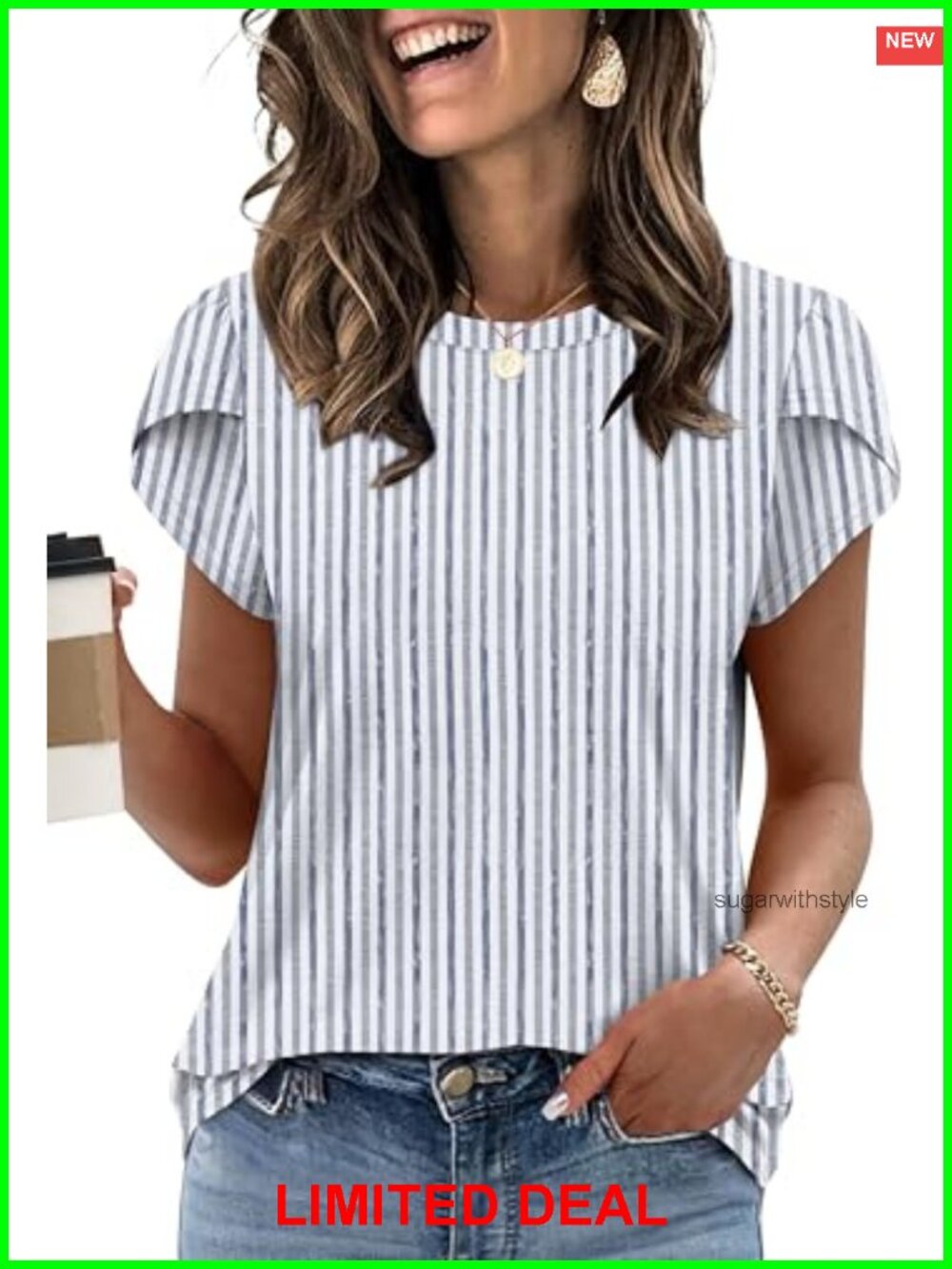 Womens Summer Tops Dressy Casual Blouse Petal Sleeve Crewneck Flowy Hem